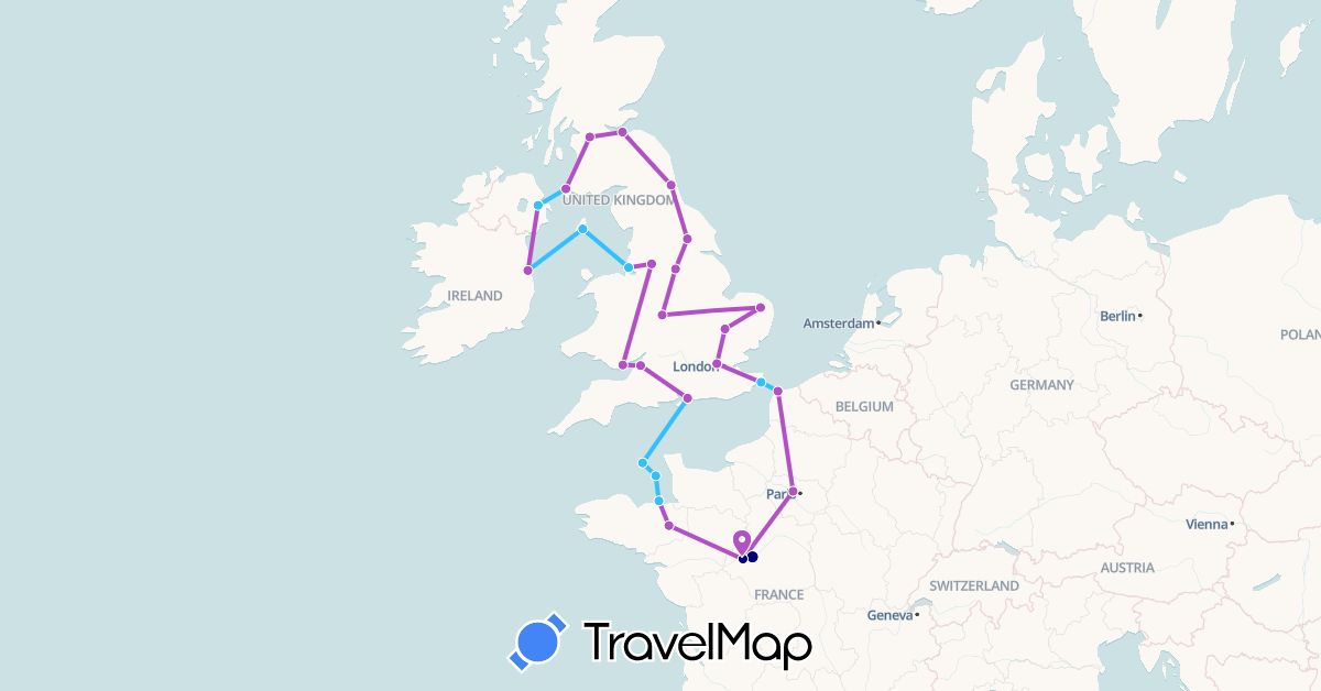 TravelMap itinerary: driving, train, boat in France, United Kingdom, Guernsey, Ireland, Isle of Man, Jersey (Europe)