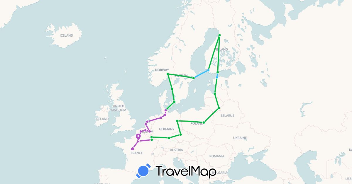 TravelMap itinerary: driving, bus, train, boat in Belgium, Czech Republic, Germany, Denmark, Estonia, Finland, France, Lithuania, Luxembourg, Latvia, Netherlands, Norway, Poland, Sweden (Europe)